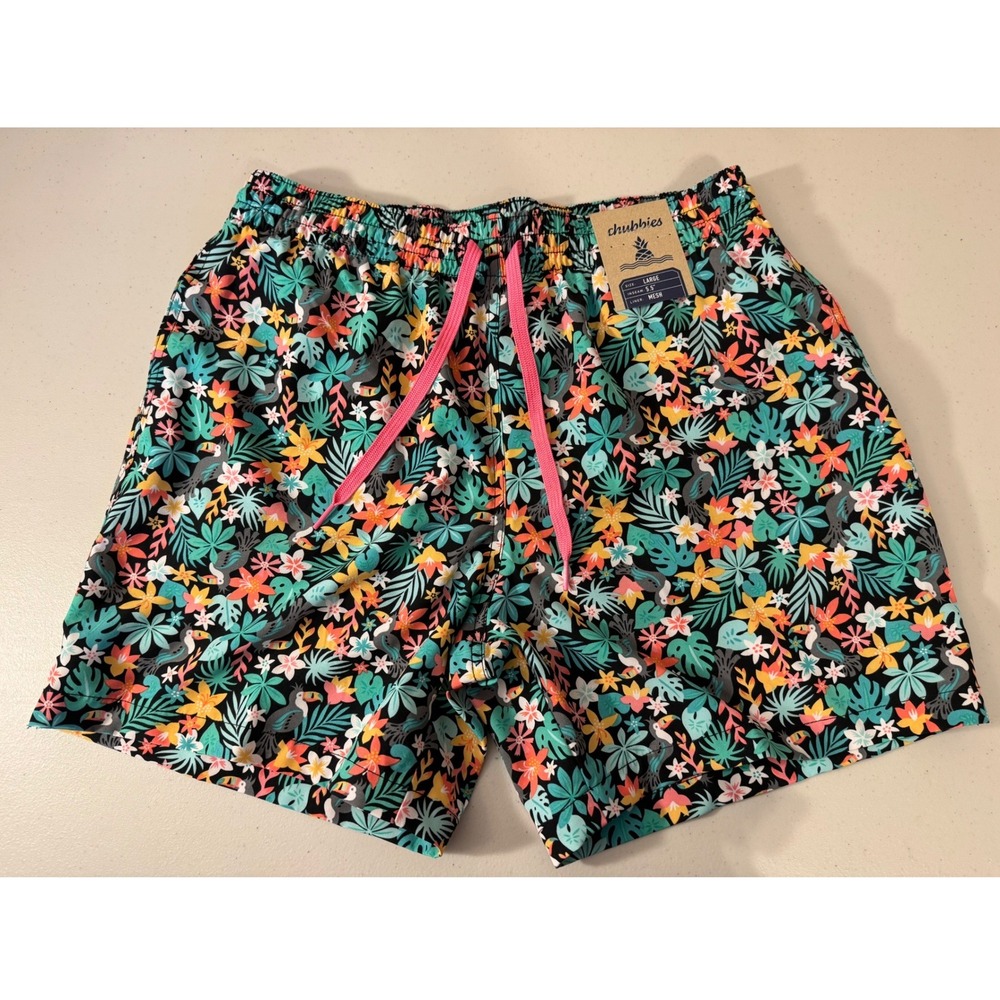 Chubbies Swim Trunks Men L Tropical Toucan The Boomerangs 5.5" Ins Shorts NEW